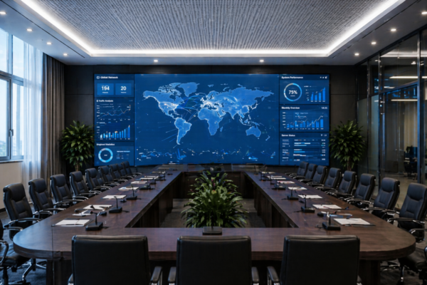 Phòng họp hiện đại với hệ thống màn hình ghép Video Wall hiển thị dữ liệu trực quan, phù hợp cho trung tâm điều hành, phòng giám sát và doanh nghiệp quy mô lớn.