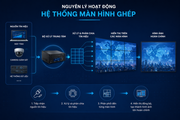 Infographic mô tả nguyên lý hoạt động của hệ thống màn hình ghép Video Wall, từ nguồn tín hiệu đến xử lý và hiển thị hình ảnh đồng bộ trên nhiều màn hình.