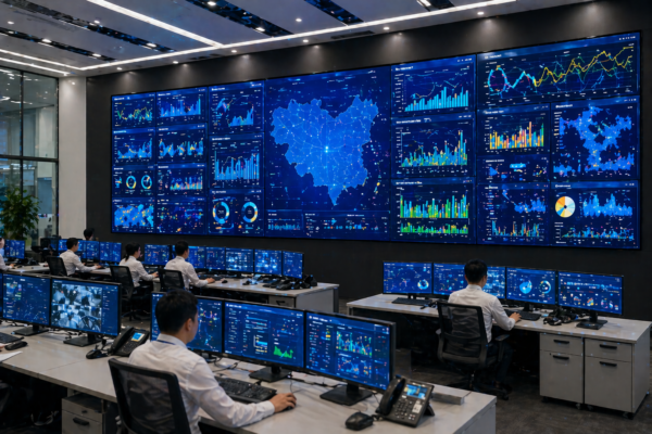 Trung tâm điều hành hiện đại với hệ thống màn hình ghép Video Wall hiển thị dữ liệu thời gian thực, hỗ trợ giám sát và phân tích thông tin quy mô lớn.