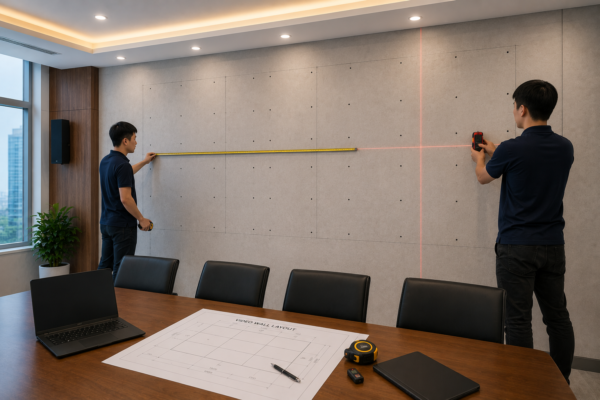 Khảo sát và đo đạc vị trí thi công màn hình ghép video wall trong phòng họp doanh nghiệp hiện đại.