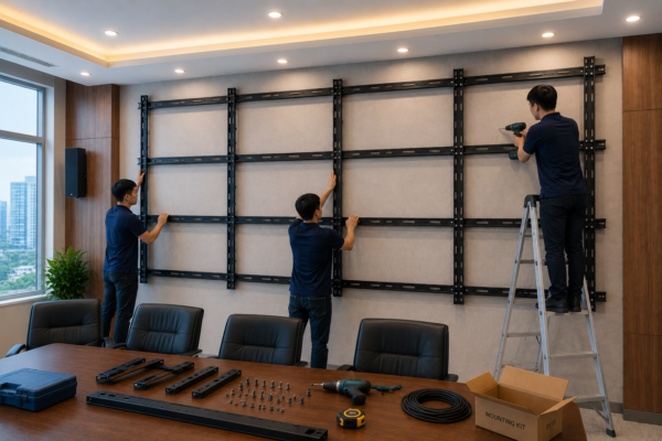 Đội ngũ kỹ thuật lắp đặt khung treo màn hình ghép video wall chuyên nghiệp trong phòng họp doanh nghiệp hiện đại.