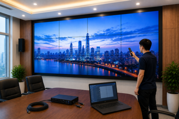 Kỹ thuật viên kiểm tra hệ thống màn hình ghép video wall sau khi hoàn thiện lắp đặt trong phòng họp doanh nghiệp.