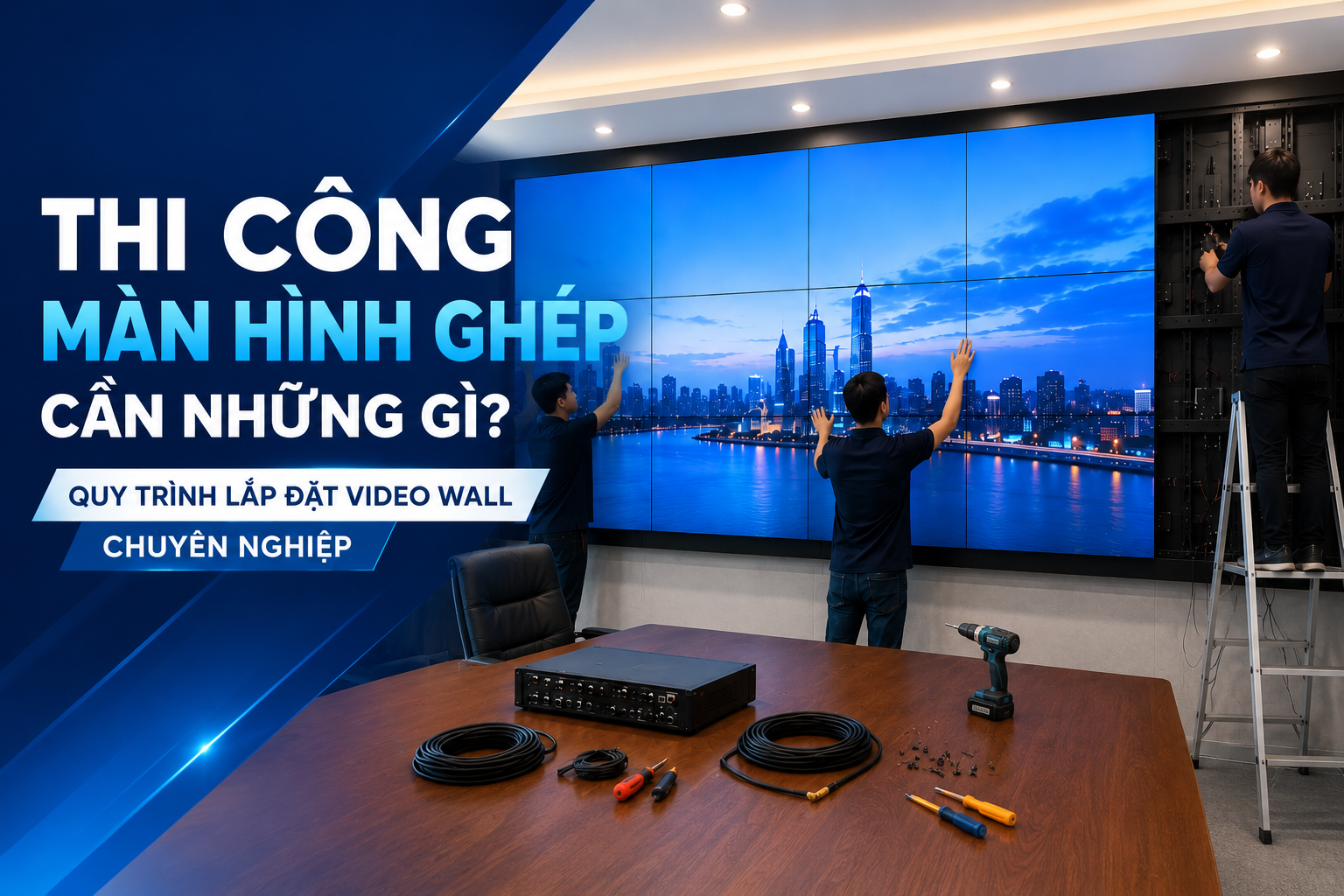 Thi công màn hình ghép video wall chuyên nghiệp trong phòng họp doanh nghiệp hiện đại với hệ thống hiển thị sắc nét.