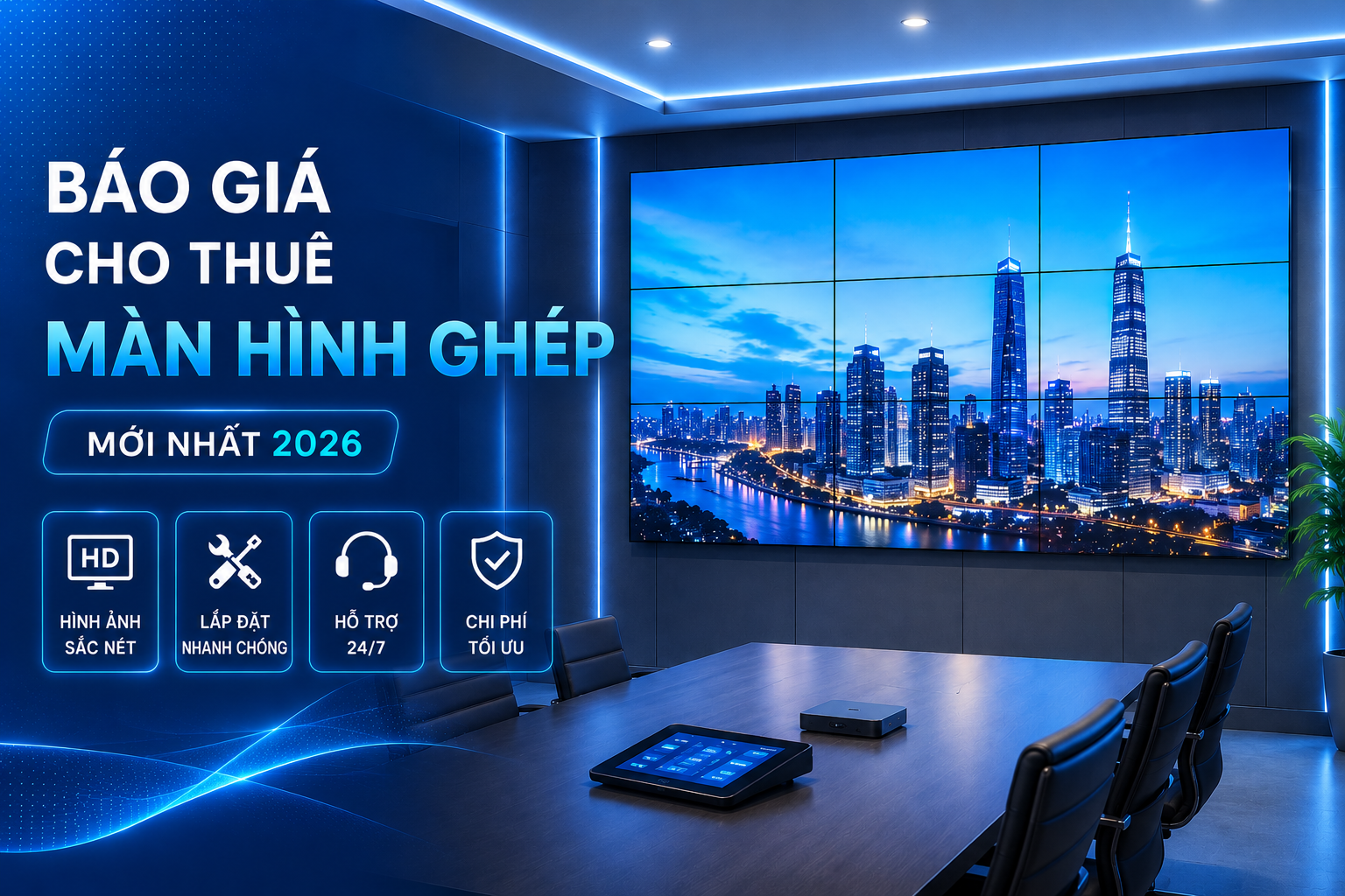 Báo giá cho thuê màn hình ghép mới nhất 2026 tại Cetech với hệ thống video wall hiển thị sắc nét trong phòng họp doanh nghiệp hiện đại.