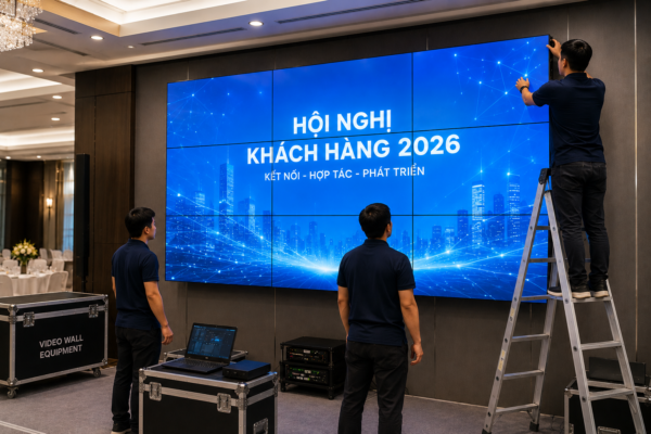 Kỹ thuật viên lắp đặt màn hình ghép video wall cho sự kiện doanh nghiệp tại trung tâm hội nghị hiện đại.