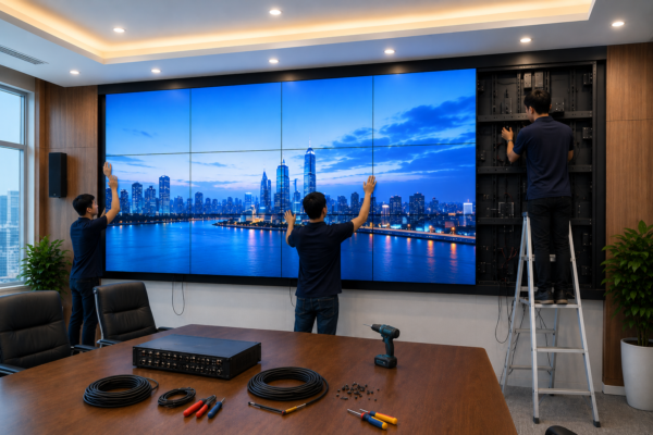 Kỹ thuật viên lắp đặt màn hình ghép video wall trong phòng họp doanh nghiệp hiện đại với hệ thống hiển thị sắc nét.