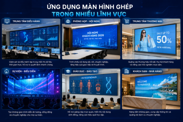 Ứng dụng màn hình ghép video wall trong nhiều lĩnh vực như trung tâm điều hành, phòng họp, sự kiện, giáo dục và trung tâm thương mại.