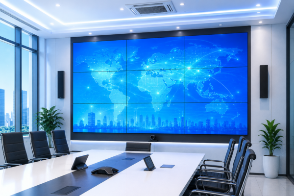 Phòng họp doanh nghiệp hiện đại sử dụng màn hình ghép video wall hiển thị bản đồ công nghệ với tone xanh chuyên nghiệp.