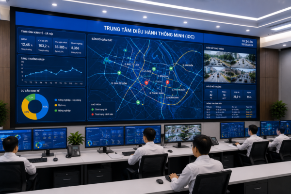 Màn hình ghép Video Wall trong trung tâm điều hành IOC hiển thị dữ liệu giao thông, giám sát và phân tích thời gian thực.