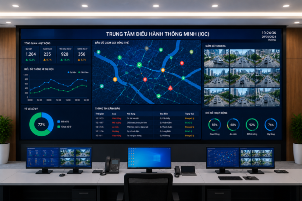 Hệ thống Video Wall trong trung tâm điều hành thông minh IOC hiển thị dữ liệu giám sát, bản đồ số và camera thời gian thực.