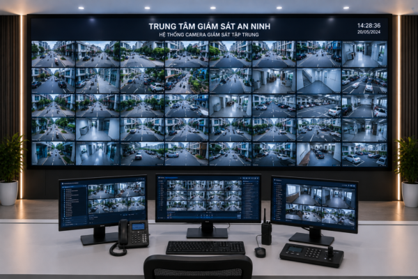 Màn hình ghép giám sát an ninh hiển thị đồng thời nhiều camera tập trung tại trung tâm điều hành hiện đại.