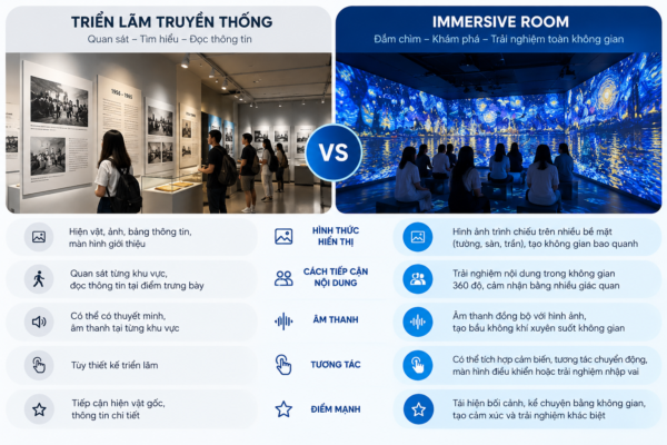 So sánh triển lãm truyền thống với không gian trải nghiệm Immersive Room